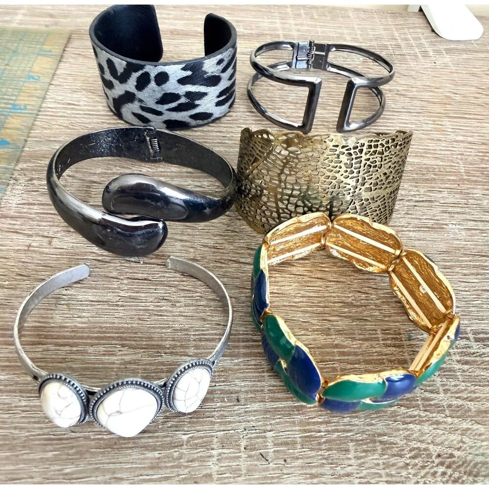 Statement Cuff Bangle Bracelet Lot 6 Gold Silver Gunmetal Leopard Enamel Faux